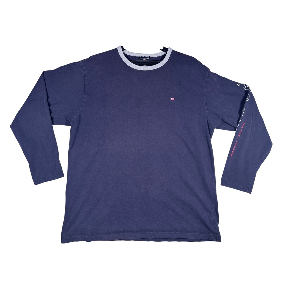 Polo Jeans Co Ralph Lauren Mens XL Navy Long‎ Sleeve Ringer T-Shirt Flag Logo